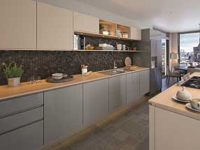 HANDLELESS J-PULL Kitchen in Supergloss Dust Grey and Supermatt Cashmere