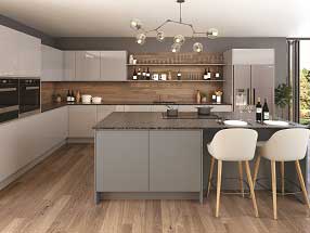 HANDLELESS J-PULL Kitchen in Supergloss Dust Grey and Supermatt Cashmere